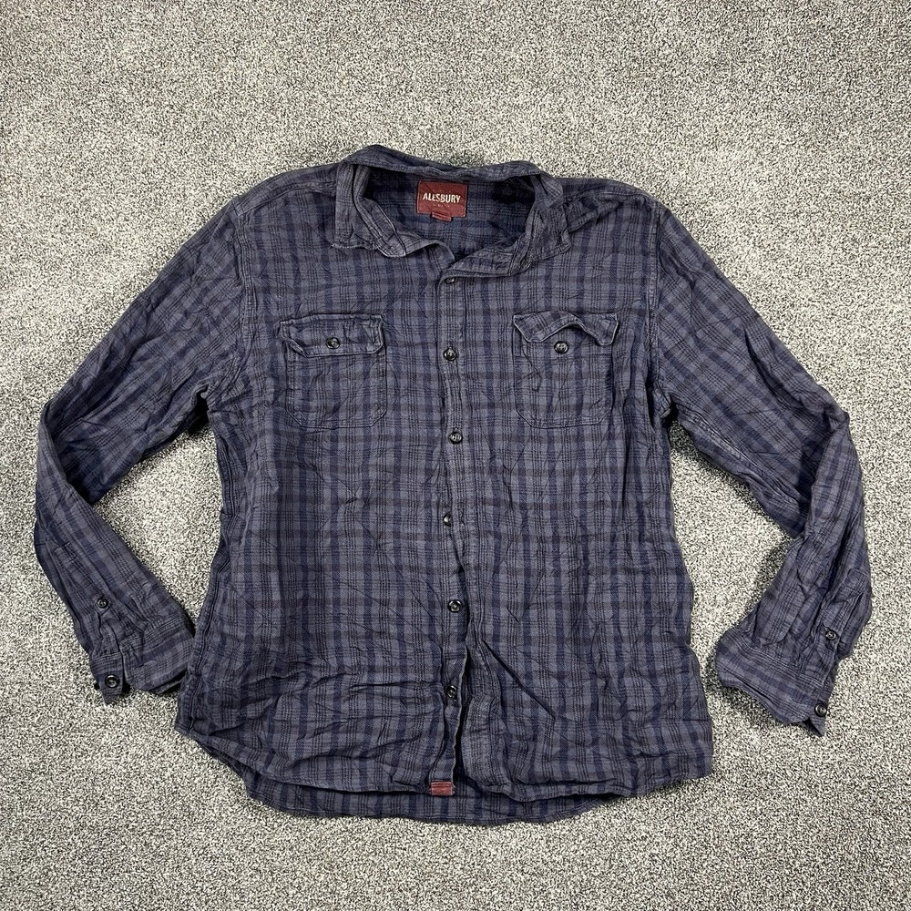 Alesbury Mens Blue Plaid Long Sleeve Button Up Shirt Dual Pocket Casual L